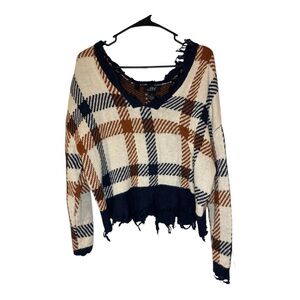 Plaid Distressed Sweater - Brown and Navy